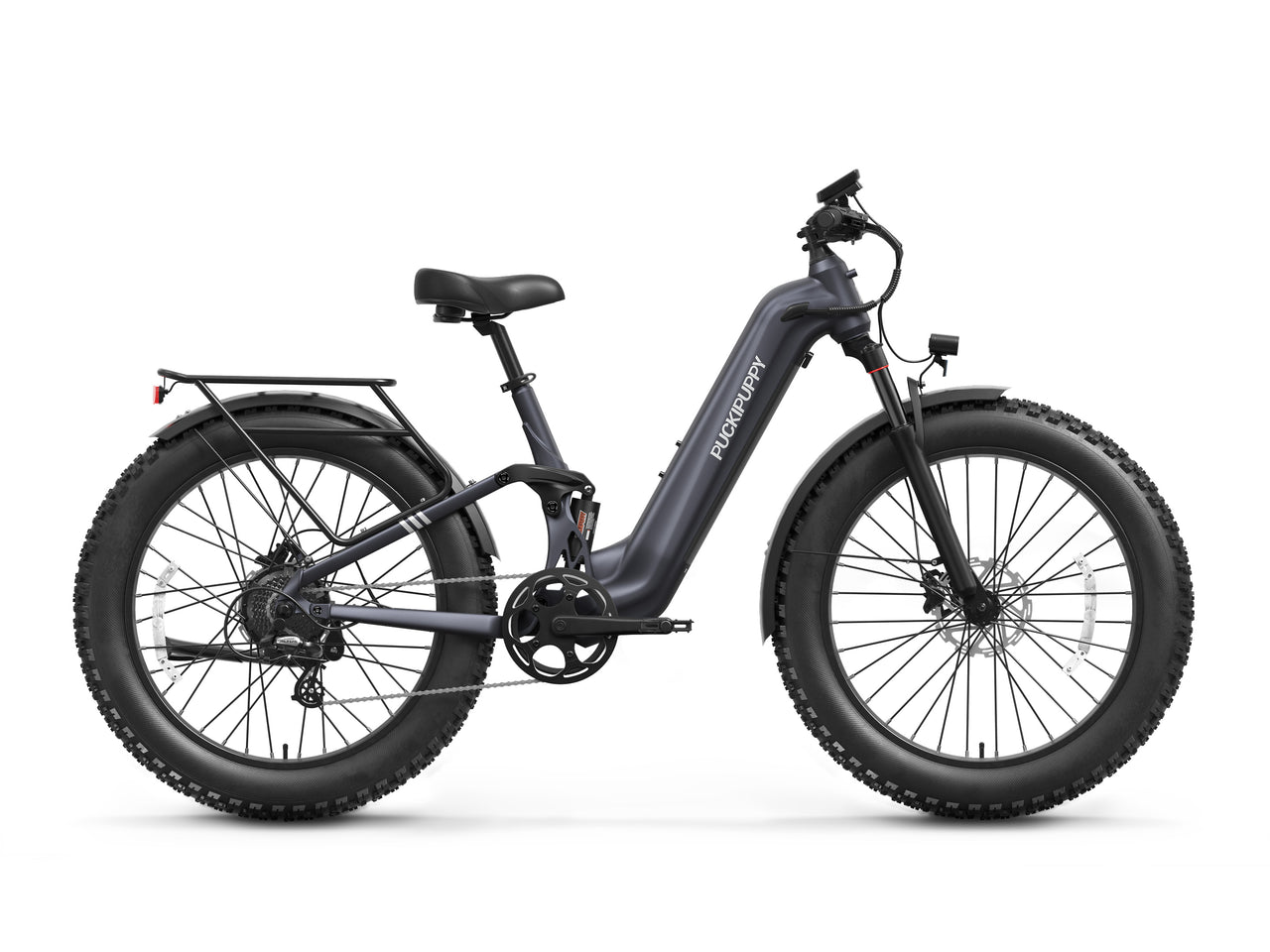 Metallic Gray Labrador Pro ST electric mountain bike with step-through frame and full suspension.