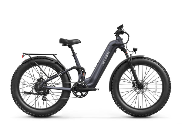 Metallic Gray Labrador Pro ST electric mountain bike with step-through frame and full suspension.