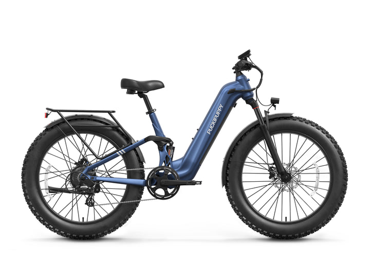 Labrador Pro ST electric mountain bike with step-through frame, full suspension and fat tires side view.
