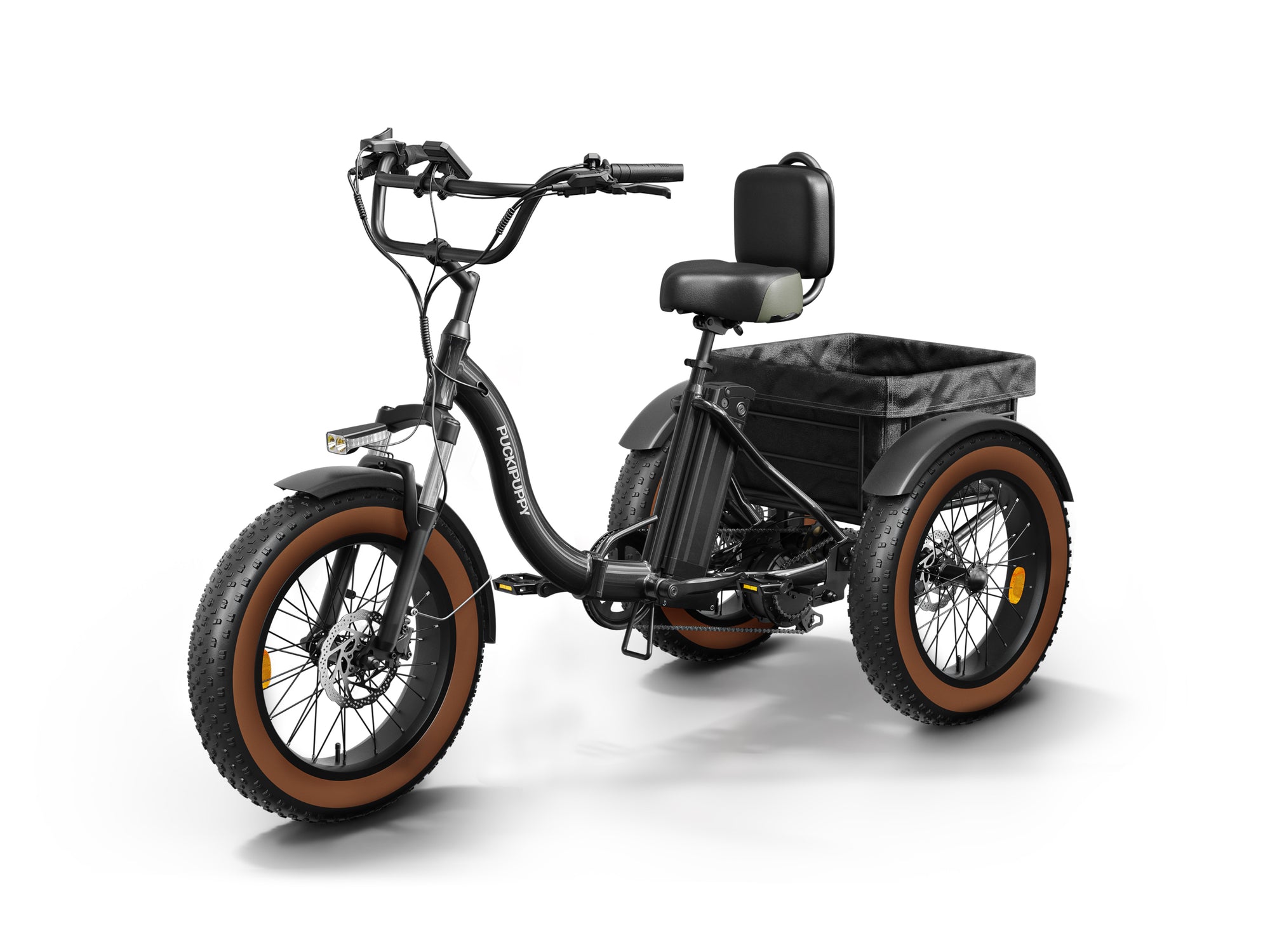 Black Alaskan electric cargo trike with fat tires, a step-through frame, rear cargo basket, and padded backrest.