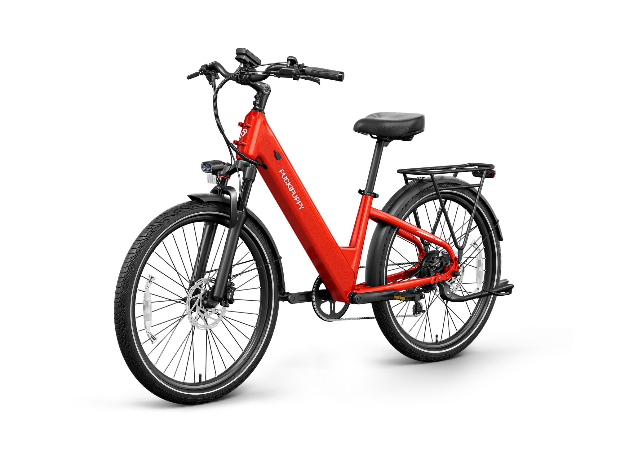 Red PUCKIPUPPY Poodle Pro step-through electric commuter bike with front suspension, rear cargo rack, full fenders, and hydraulic disc brakes.