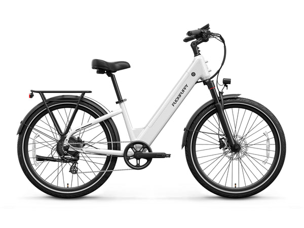 White PUCKIPUPPY Poodle Pro step-through electric commuter bike with front suspension, rear cargo rack, full fenders, and disc brakes.