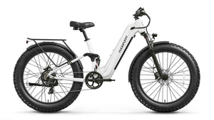 A white PUCKIPUPPY fat tire electric bike.