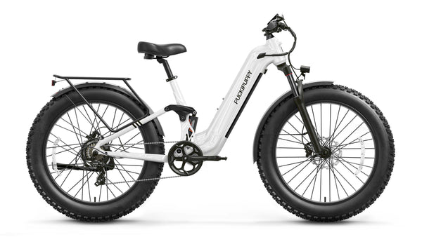 A white PUCKIPUPPY fat tire electric bike.