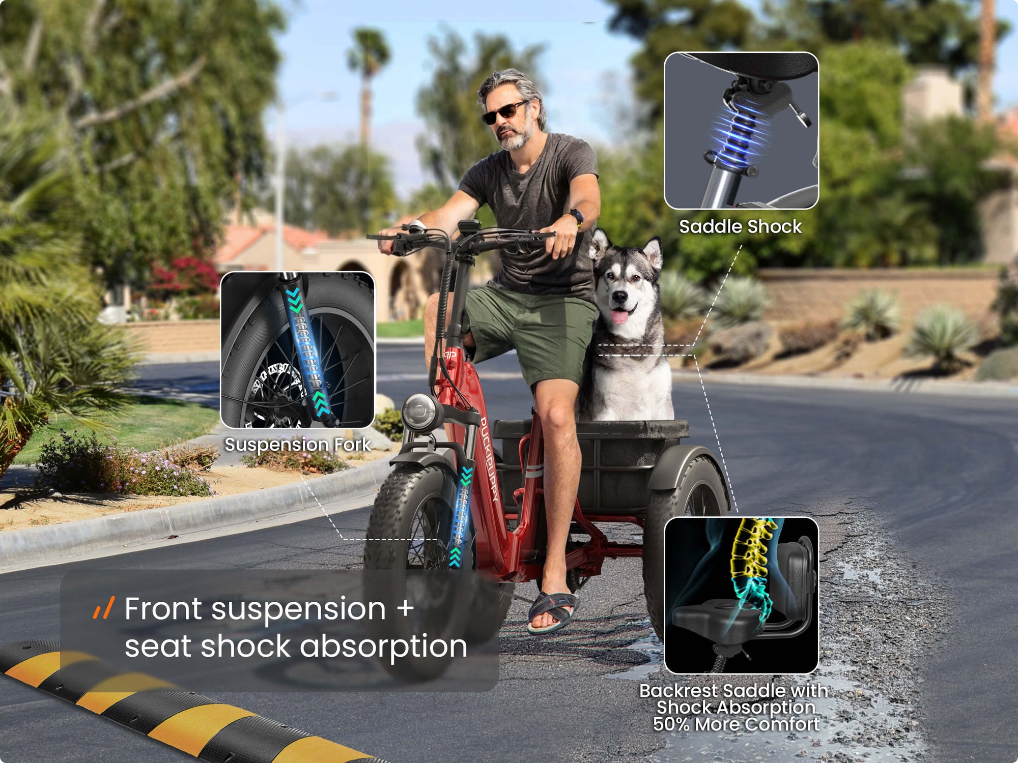 Front suspension + seat shock absorption