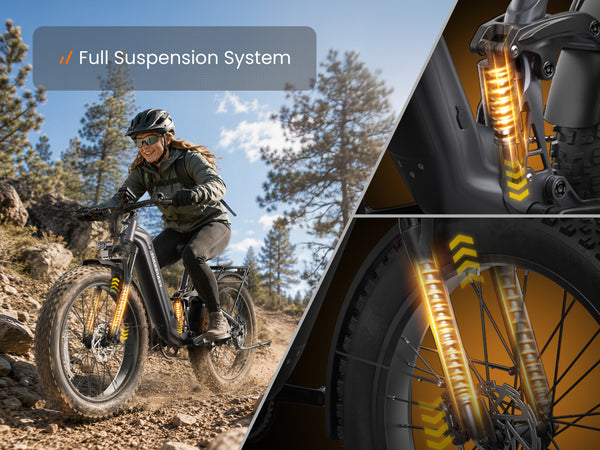 Electric mountain bike with full suspension system for smoother rocky trail riding.