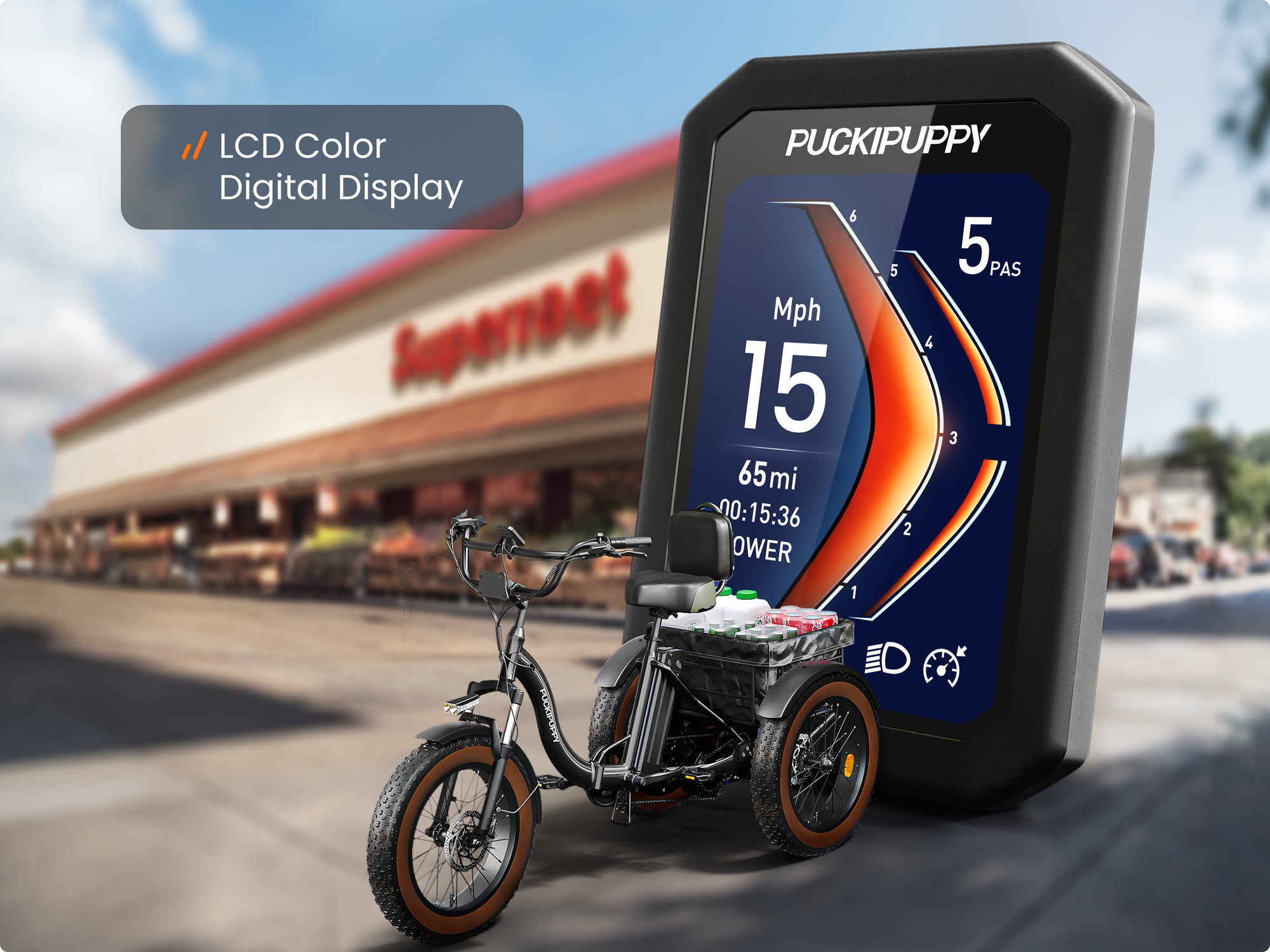 Alaskan Black Long Battery Life Edition electric cargo trike with an LCD color display showing speed, range, and pedal-assist level.