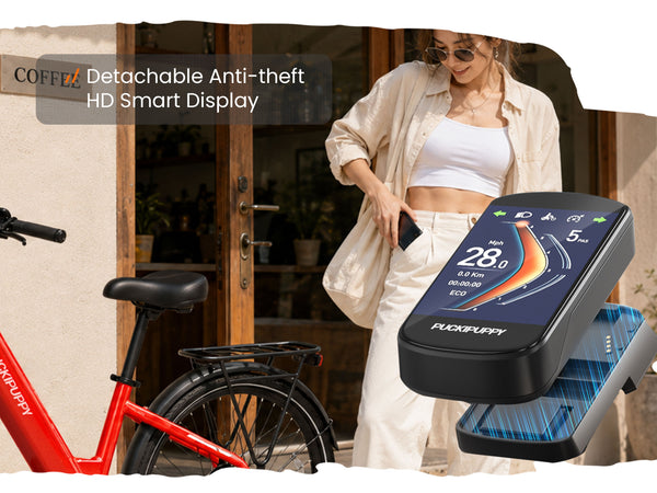 Red PUCKIPUPPY Poodle Pro electric bike with a detachable anti-theft HD smart display showing speed, pedal-assist level, and ride information.