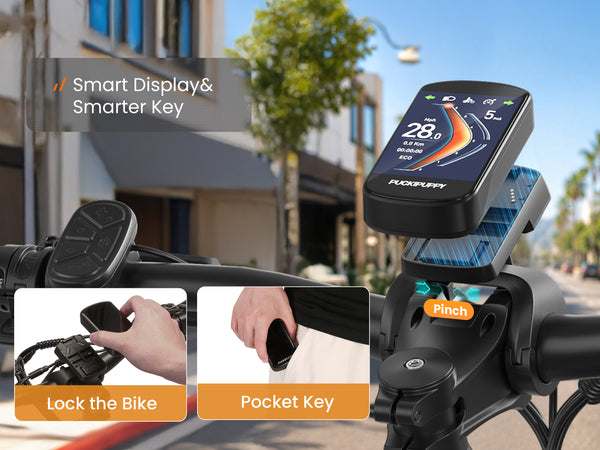Smart display and pocket key on an electric mountain bike for ride tracking and easy locking.