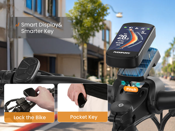 Smart display and pocket key on an electric mountain bike for easy bike locking.