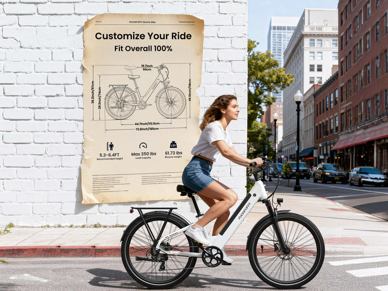 Woman riding a white Poodle step-through commuter ebike in the city, designed for riders 5.3–6.4 ft tall with a 350 lb load capacity.