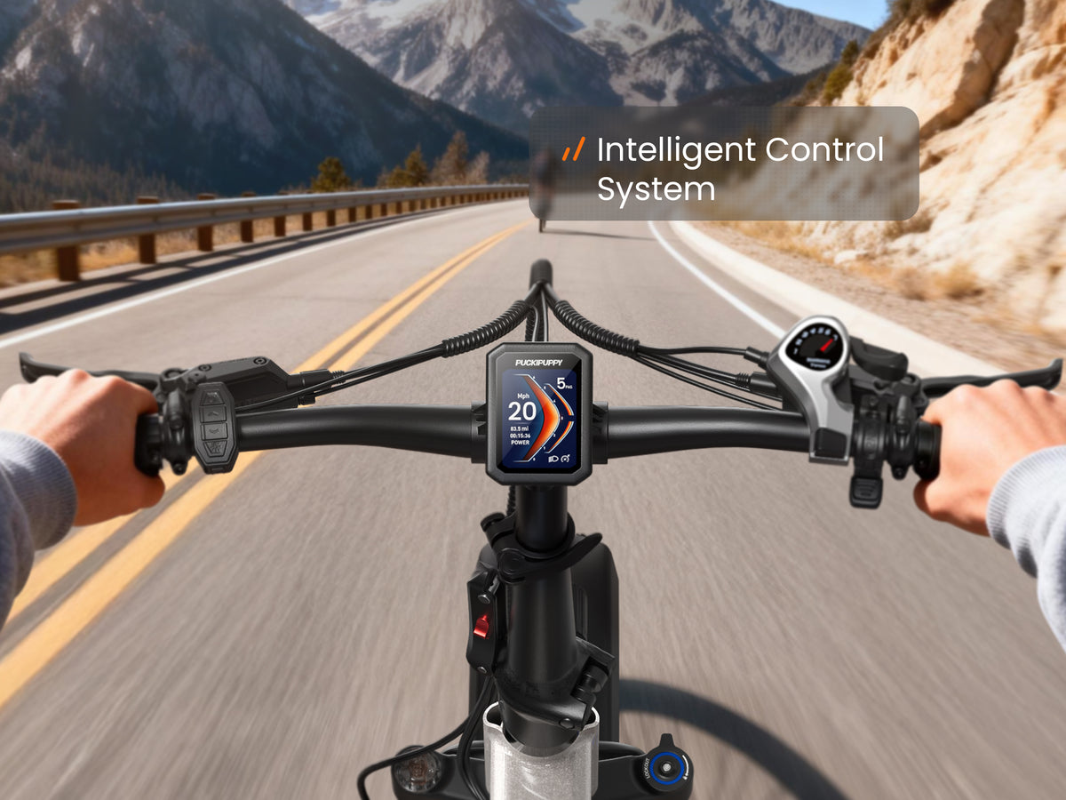PUCKIPUPPY Dachshund folding electric bike with an intelligent control system and LCD display showing speed, pedal-assist level, and ride information.