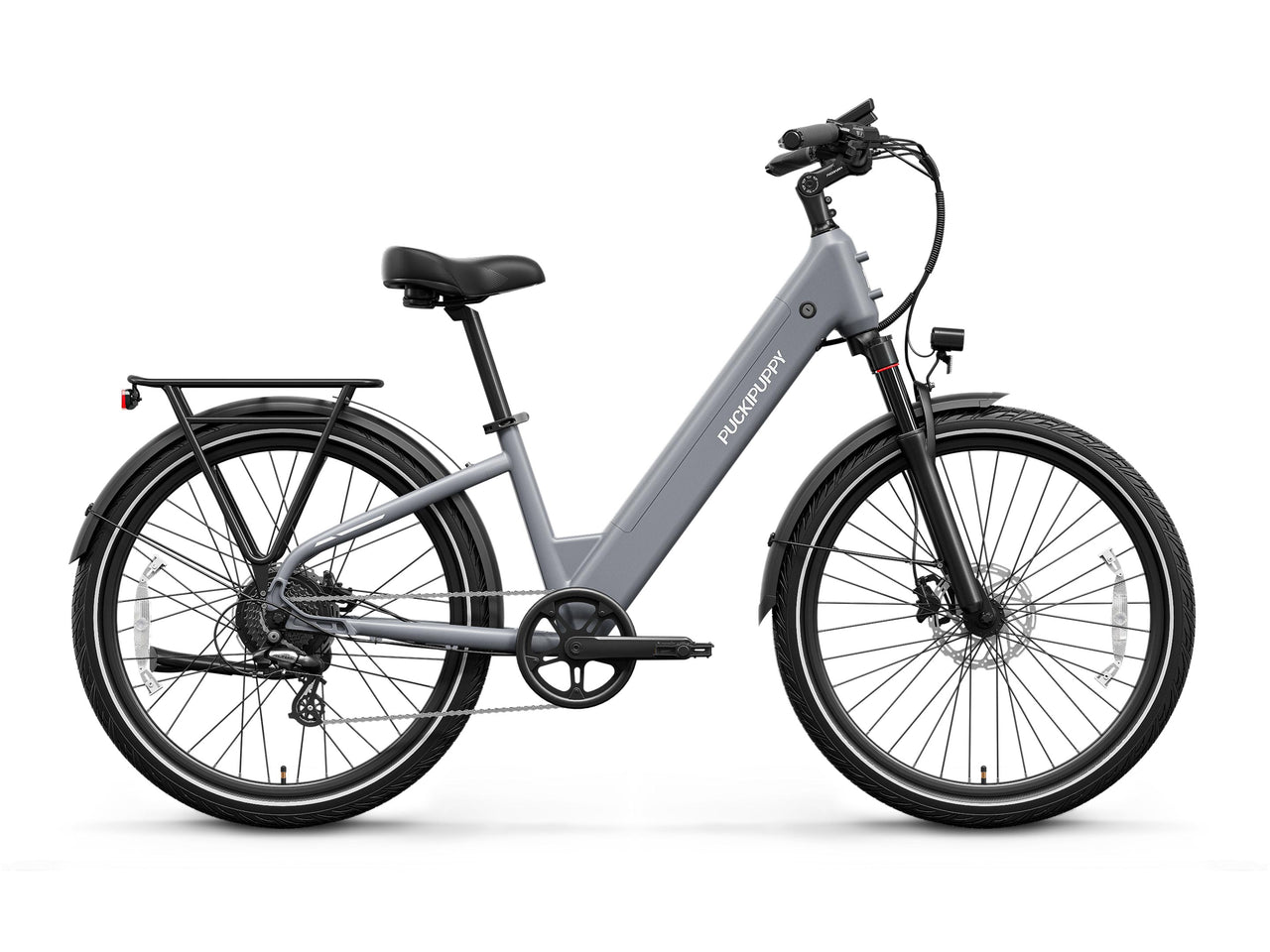 Gray PUCKIPUPPY Poodle Pro step-through electric commuter bike with front suspension, rear cargo rack, full fenders, and disc brakes.