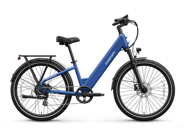Blue PUCKIPUPPY Poodle Pro step-through electric commuter bike with front suspension, rear cargo rack, full fenders, and disc brakes.